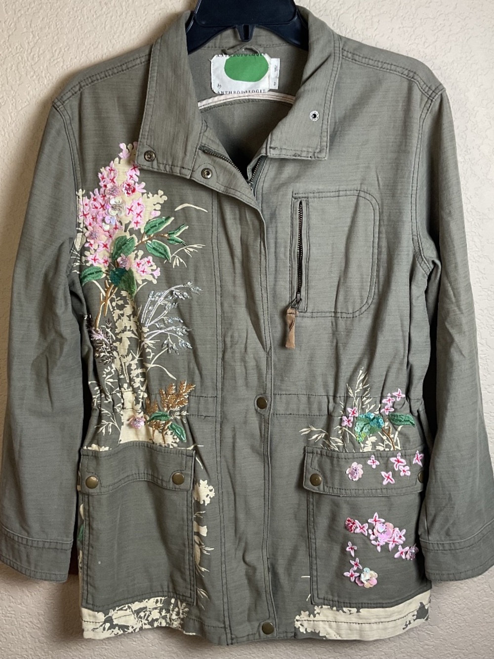 Anthropologie‎ Womens XS Green Embellished Anorak Jacket Utility Military Cotton